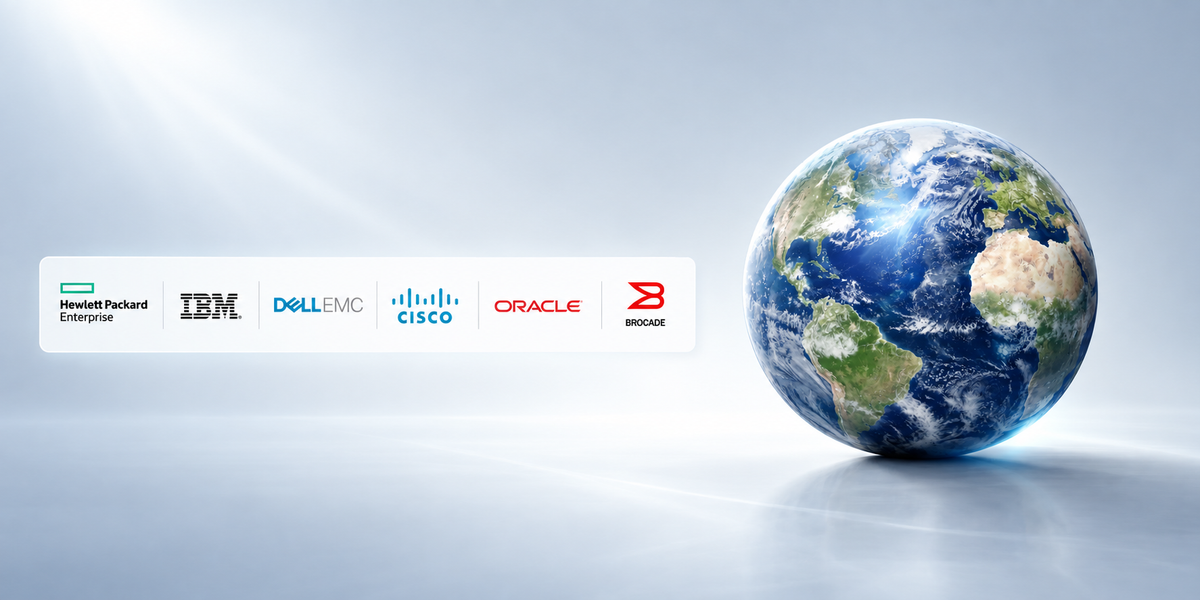 A 3D globe of Earth with a white banner across the lower middle displaying logos for Hewlett Packard Enterprise, IBM, Dell EMC, Cisco, Oracle, and Brocade, set against a light blue gradient background.